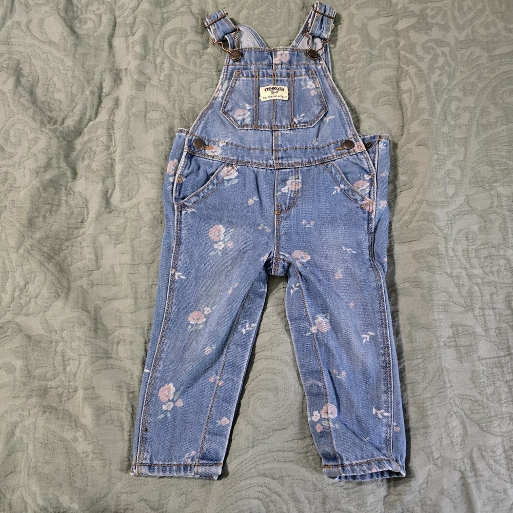 Infant OshKosh Bgosh Denim Overalls 9-12 m‎ Blue Floral Buttons Diaper Snaps
